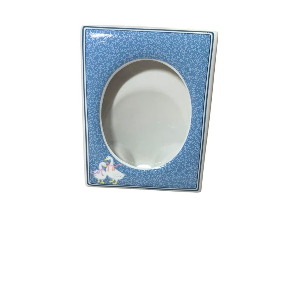 Vtg Ceramic Picture Frame Blue Chintz Floral Geese Bow Oval Japan Cottagecore